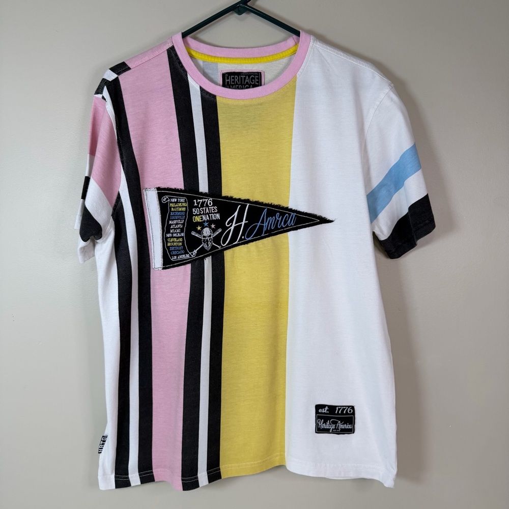 DENIM DISTILLERY Heritage Mens LG Colorblock Pennant T Shirt Baseball 1776 Skull
